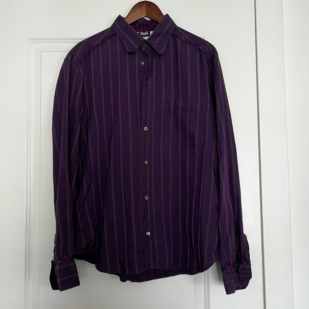 D&G Men's Dark Purple Striped Button Down Shirt